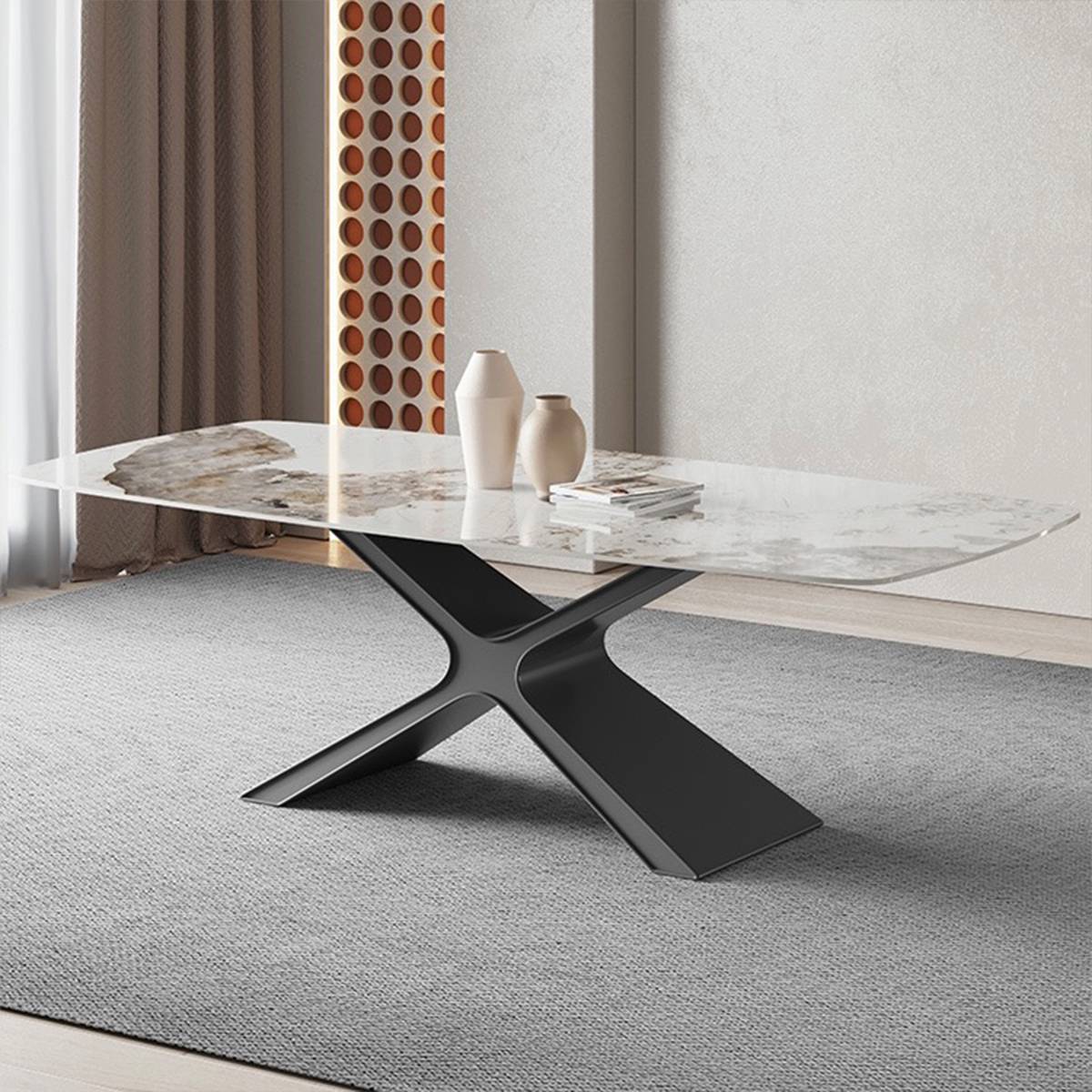 Close-up of the dining table base and white marble-patterned sintered stone top