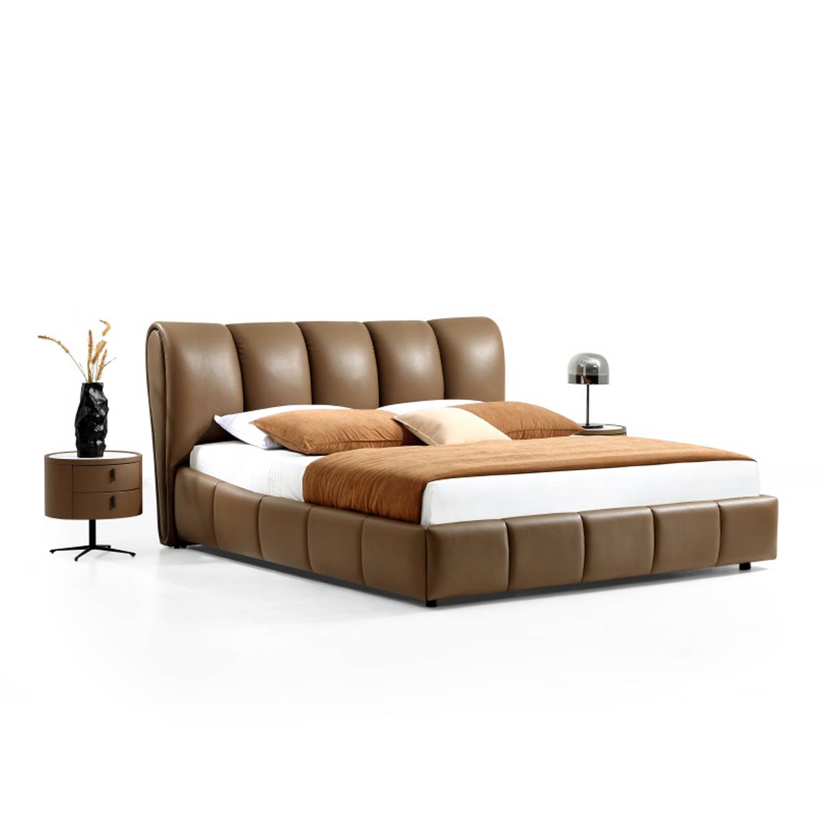 Side angle view of the brown leather bed with bedside table and lamp