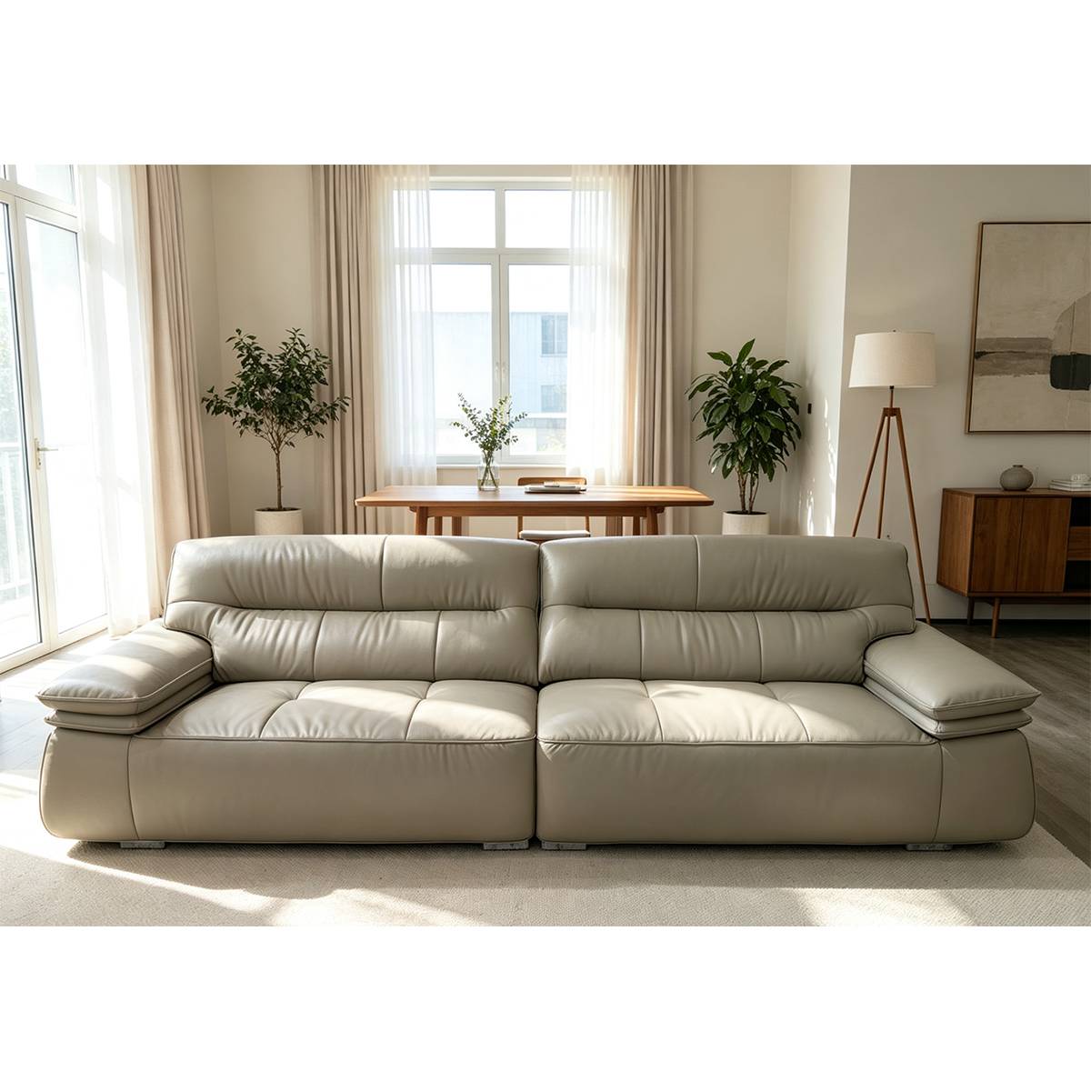 Front view of the beige eco-leather sofa showing the full seating arrangement
