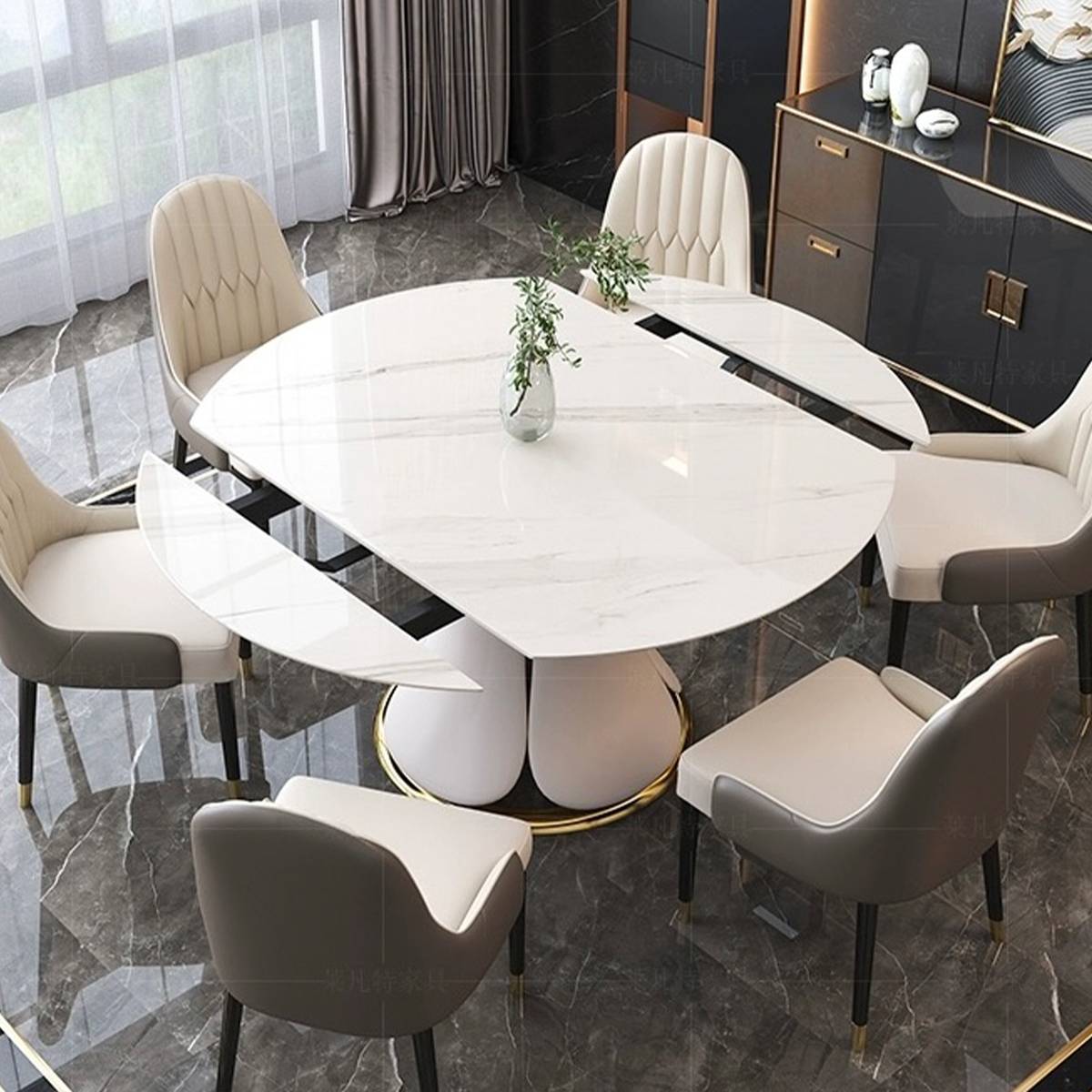 Dining table extended to an oval shape showing the expansion mechanism