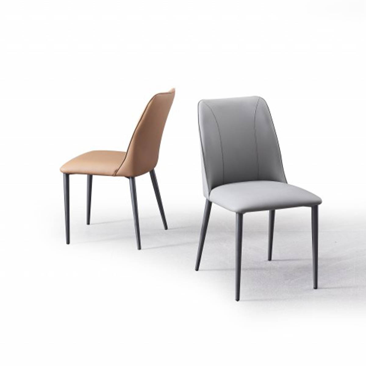 Two dining chairs, one yellow and one light grey, shown from a front angle