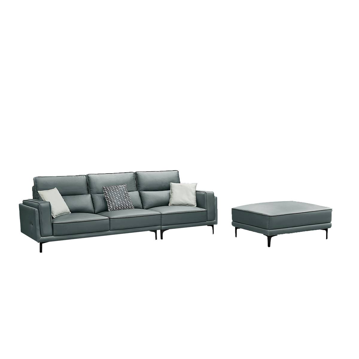 Studio shot of the grey straight sofa and ottoman on white background