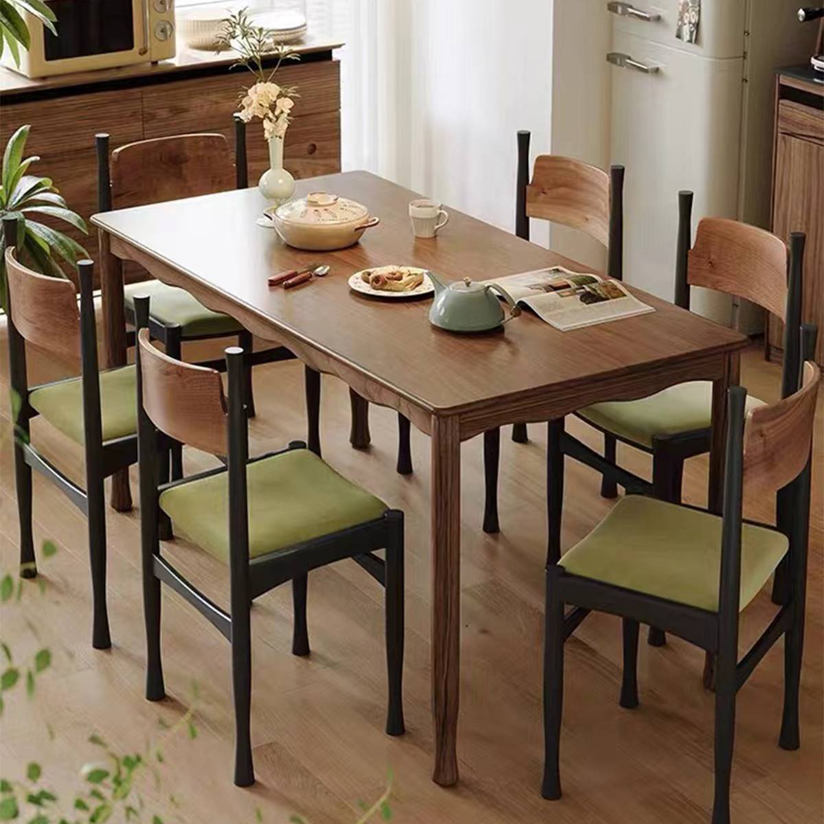 Front view of the dining chair highlighting the wooden backrest and black legs