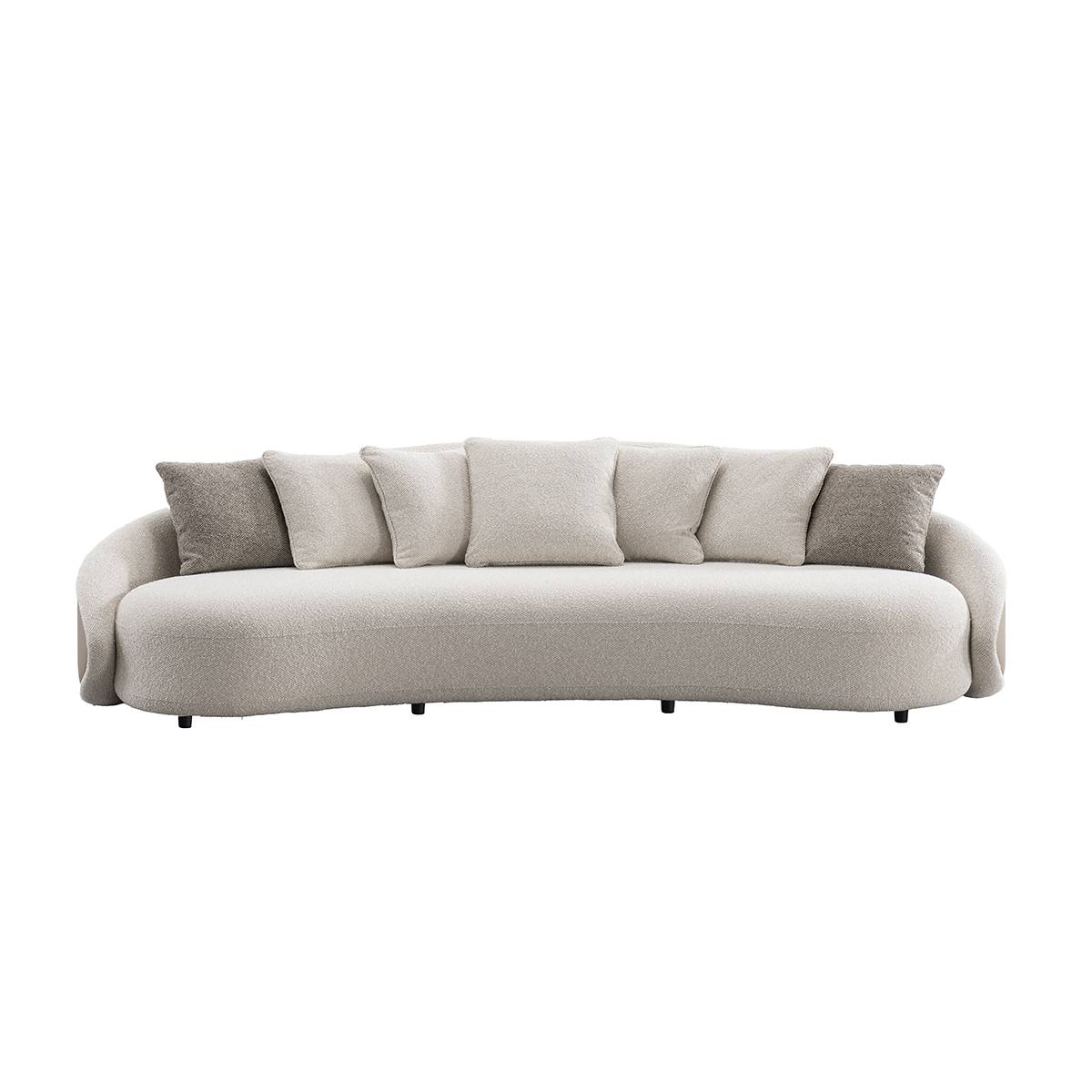 Front view of the curved beige fabric sofa