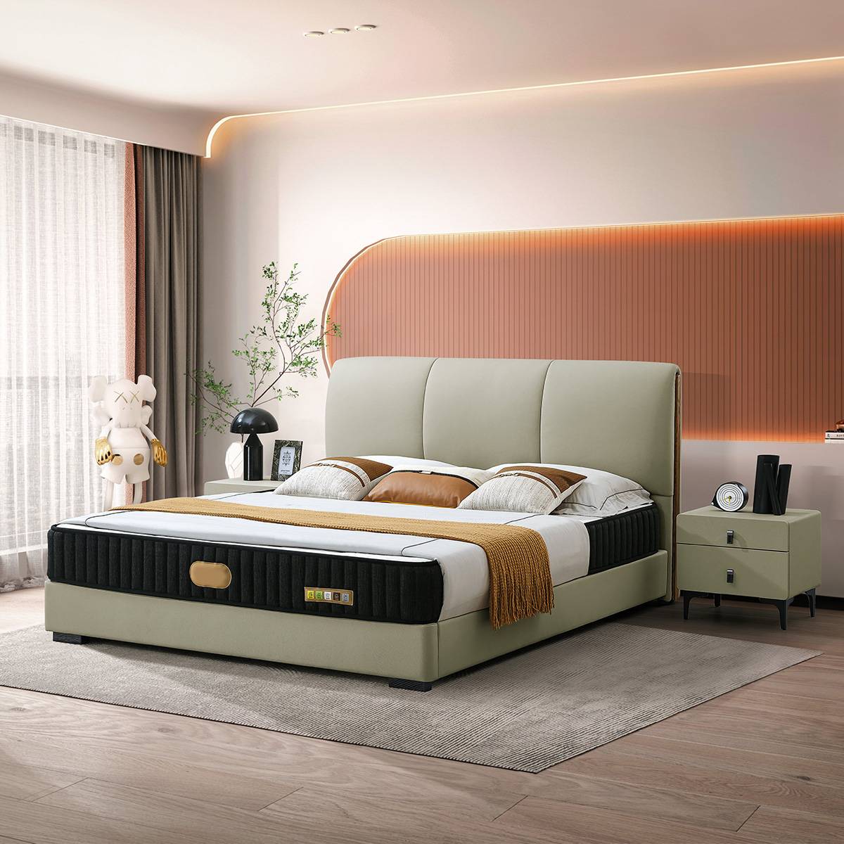 Bedroom setting showing the B04 bed with ambient lighting and decor