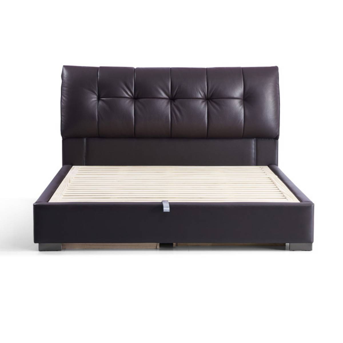 Front view of the dark brown leather upholstered bed with wooden slats