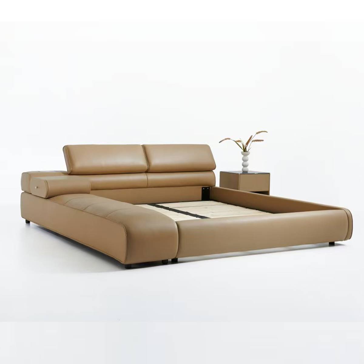 Bed frame without mattress showing the wooden slat base and internal structure
