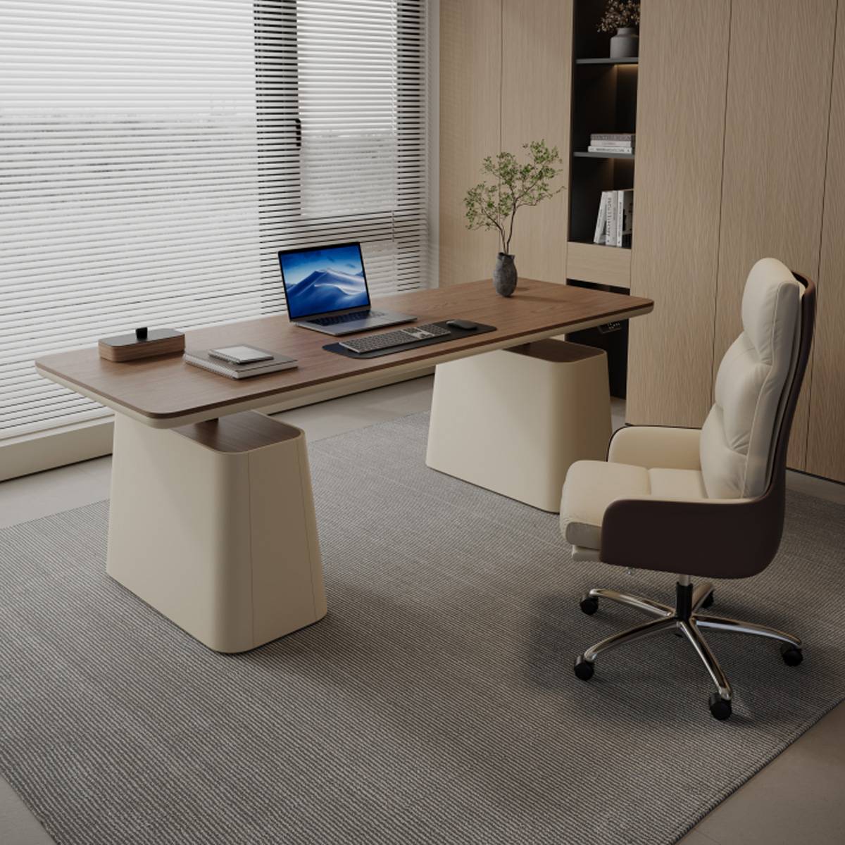 Angle view of the Z47 electric desk near a window with blinds