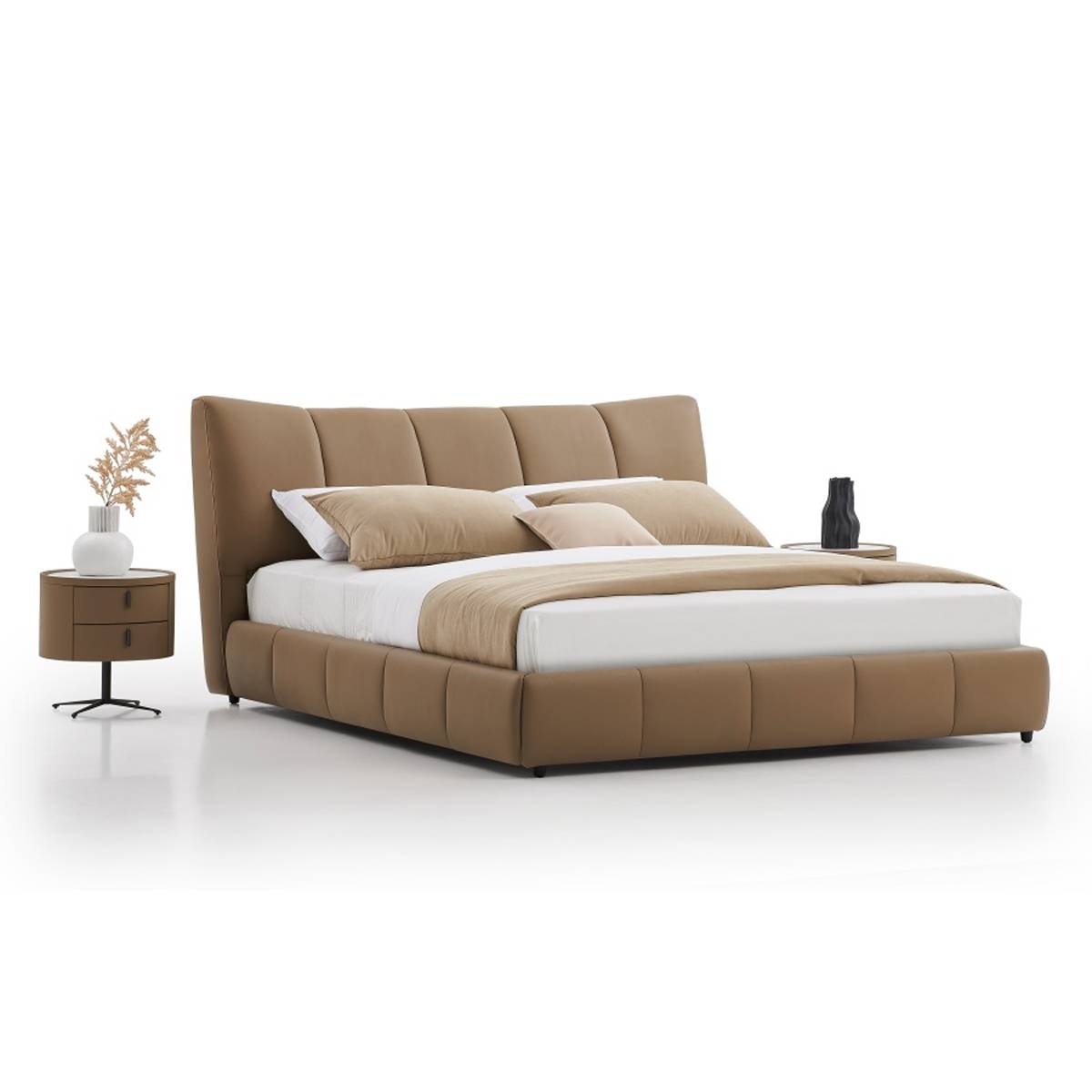 Side angle view of beige leather tufted bed