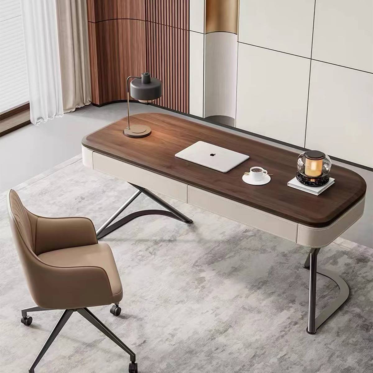 Side view of the desk showing the leather wrapping and metal leg structure.