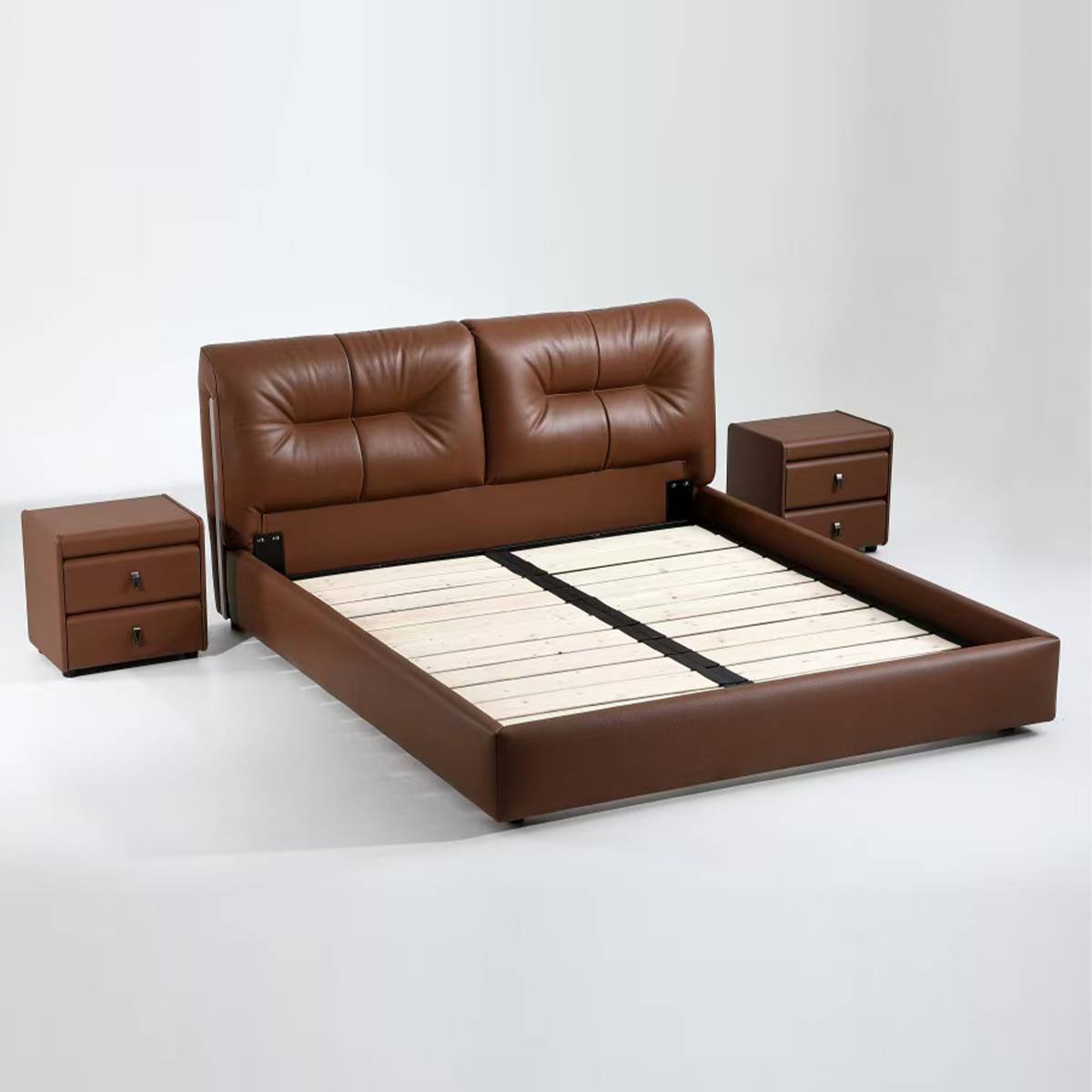 Bed frame without mattress showing wooden slat base