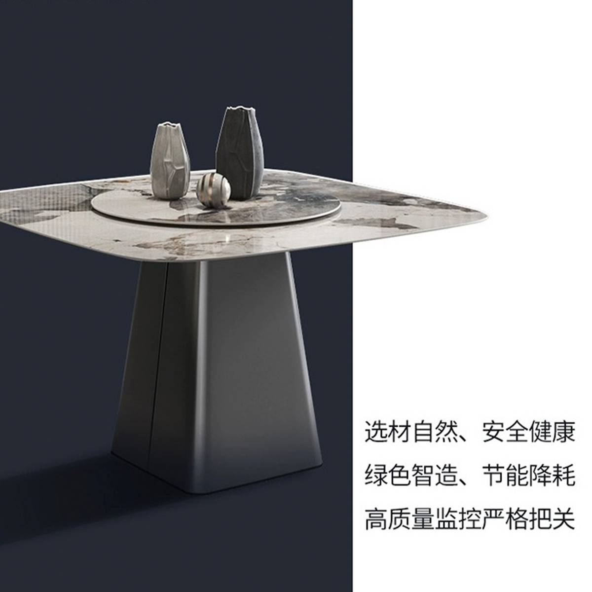 Side view of the dining table with a grey marble pattern top and stainless steel base