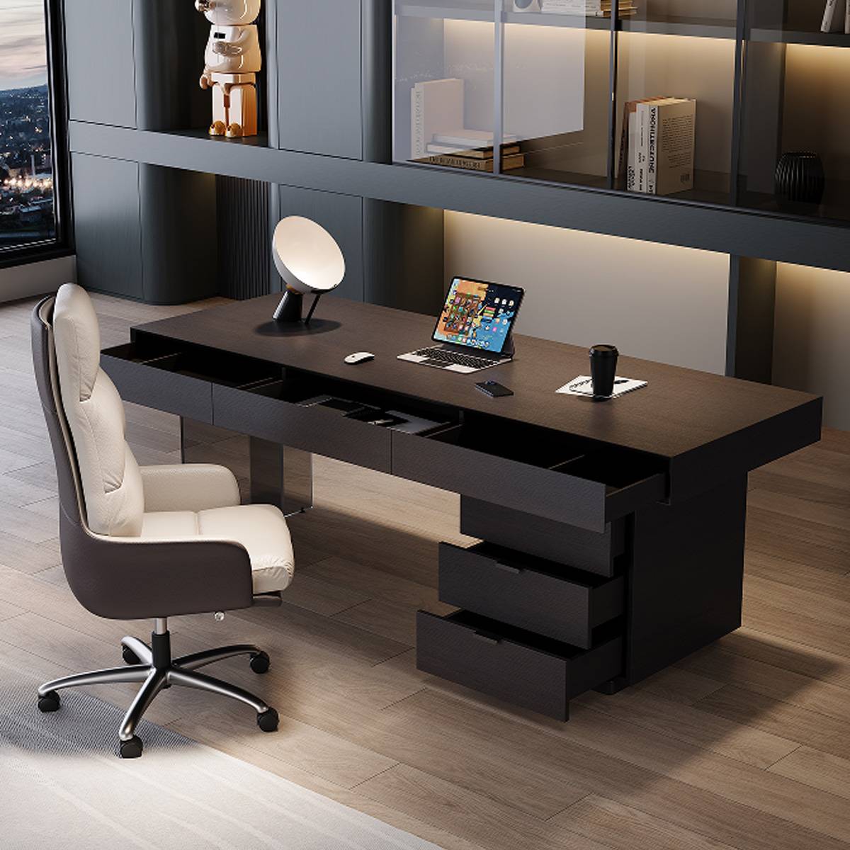 Close-up view showing the desk drawers open and the laptop on the surface