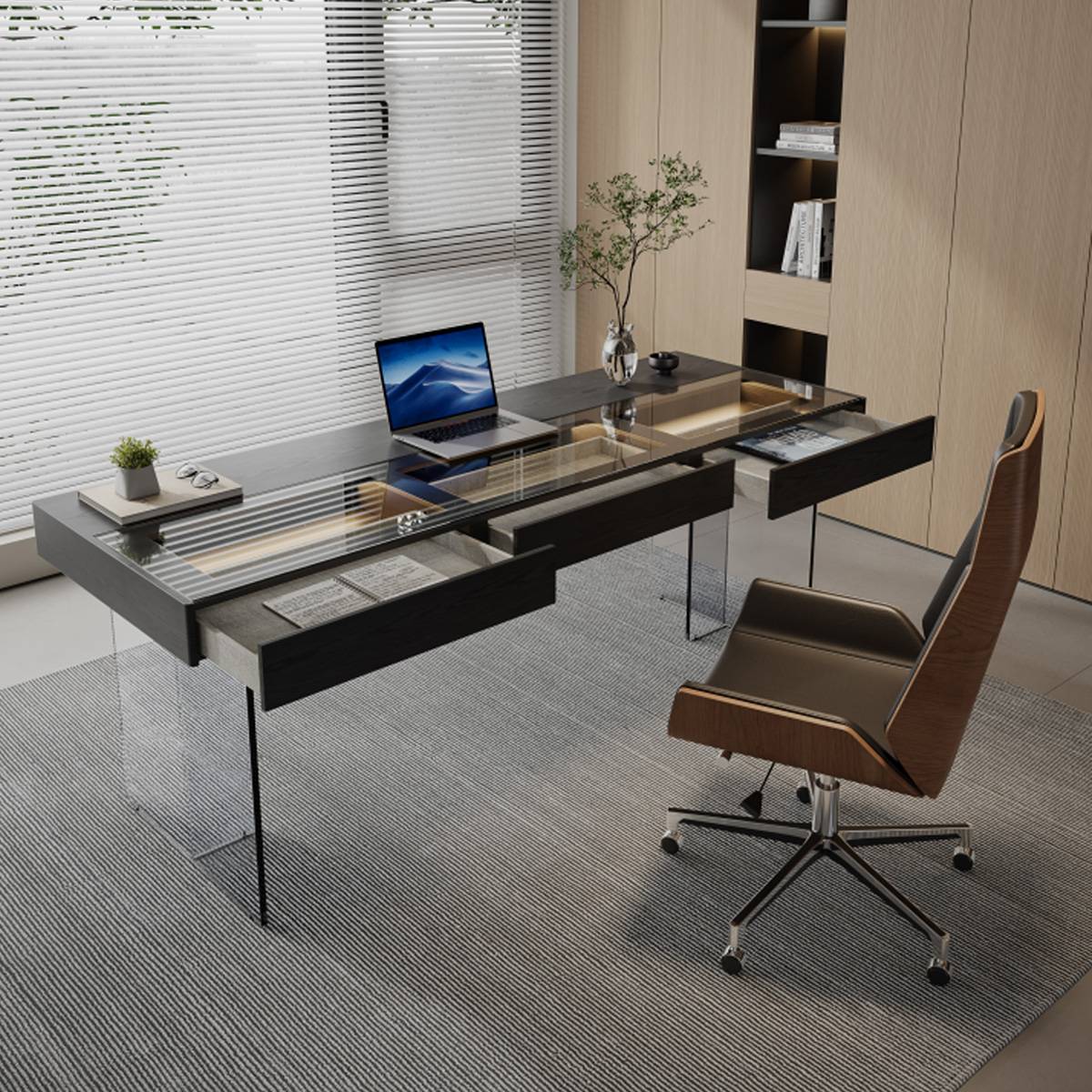 View of the desk with drawers open, revealing storage space and internal lighting