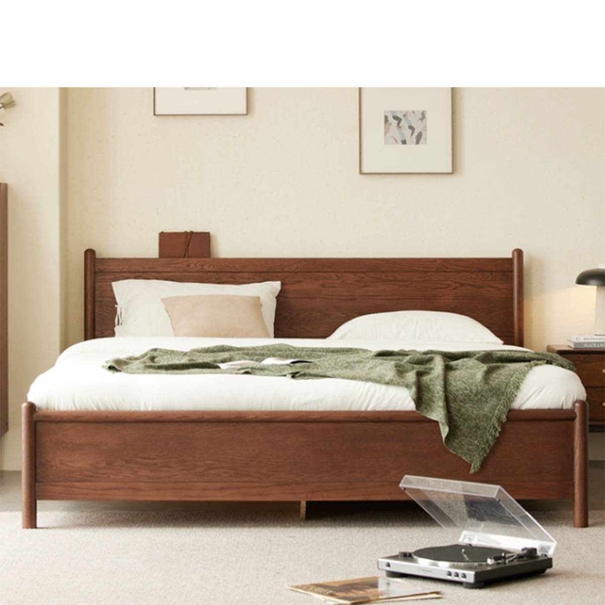 Front view of dark walnut finish solid wood bed with storage