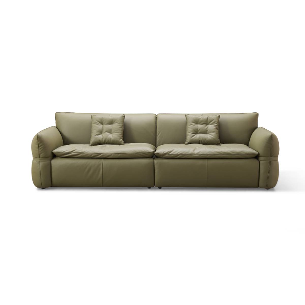 Front view of the straight sofa showing the two seat cushions and pillows