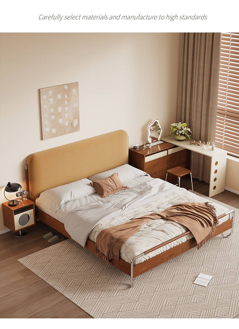 Full view of the Bauhaus upholstered bed in a bedroom setting with a yellow headboard and wooden frame.