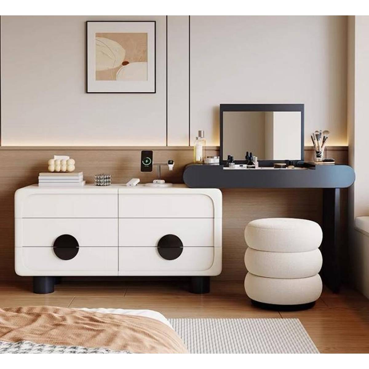 Front view of the white chest of drawers and dark vanity desk set in a bedroom setting