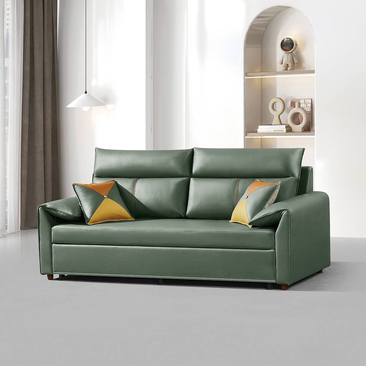 Green manual pull-out sofa bed with yellow and green throw pillows in a modern living room setting