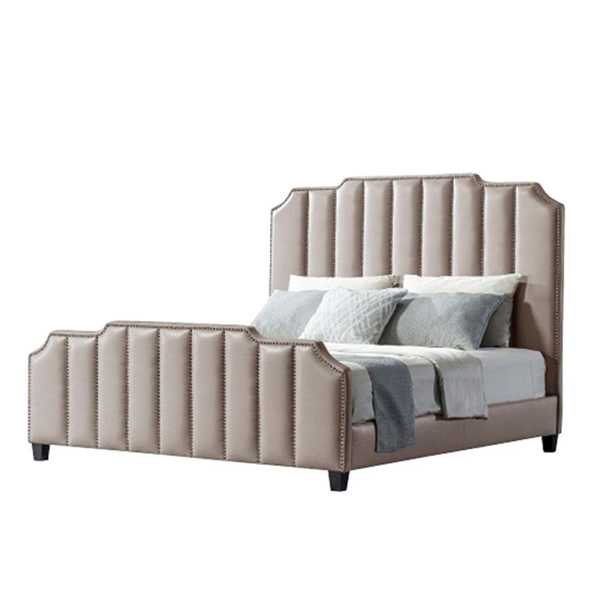 Beige upholstered bed with vertical tufting and nailhead trim isolated on white background