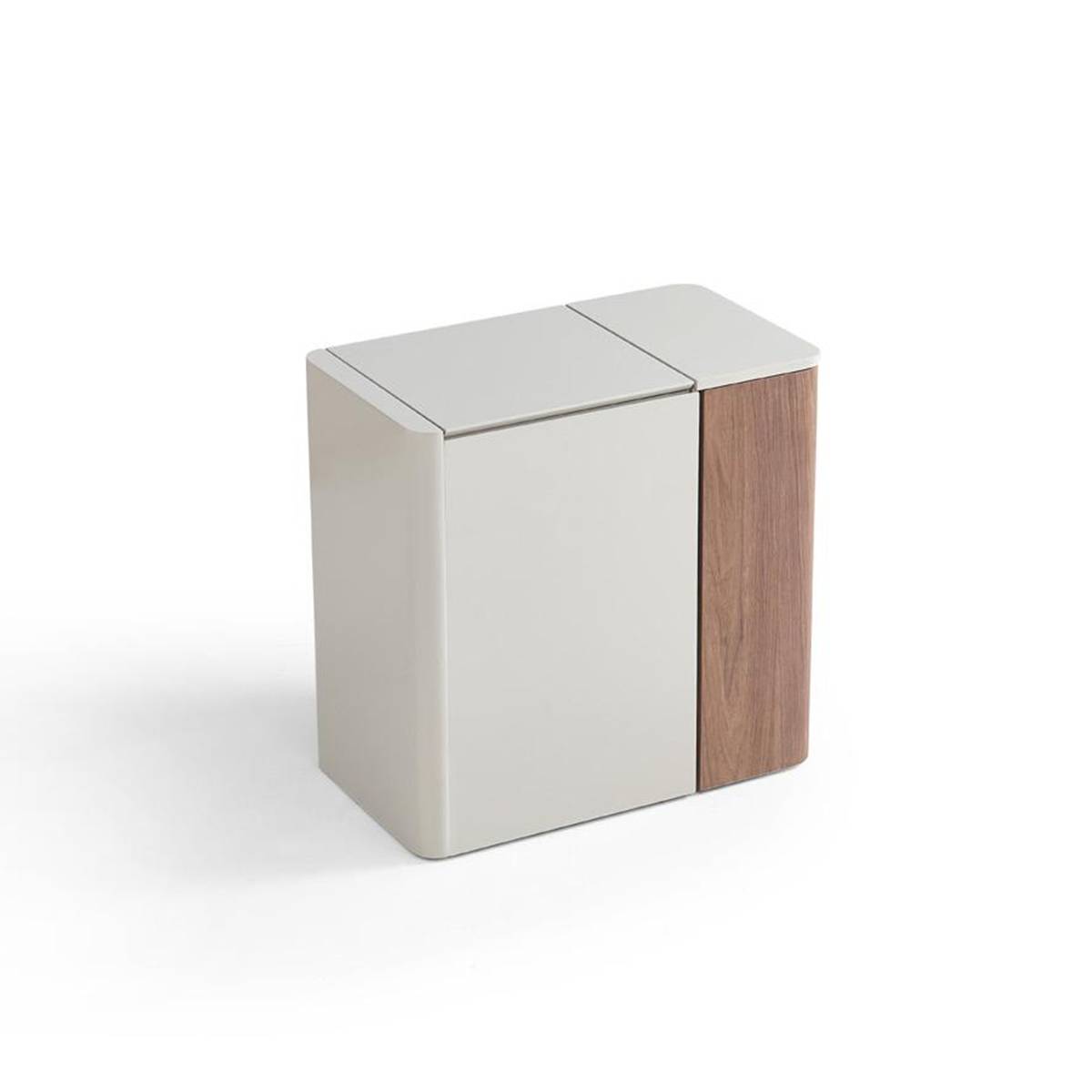 Closed view of the vanity desk showing the grey matte finish and walnut veneer side panel.