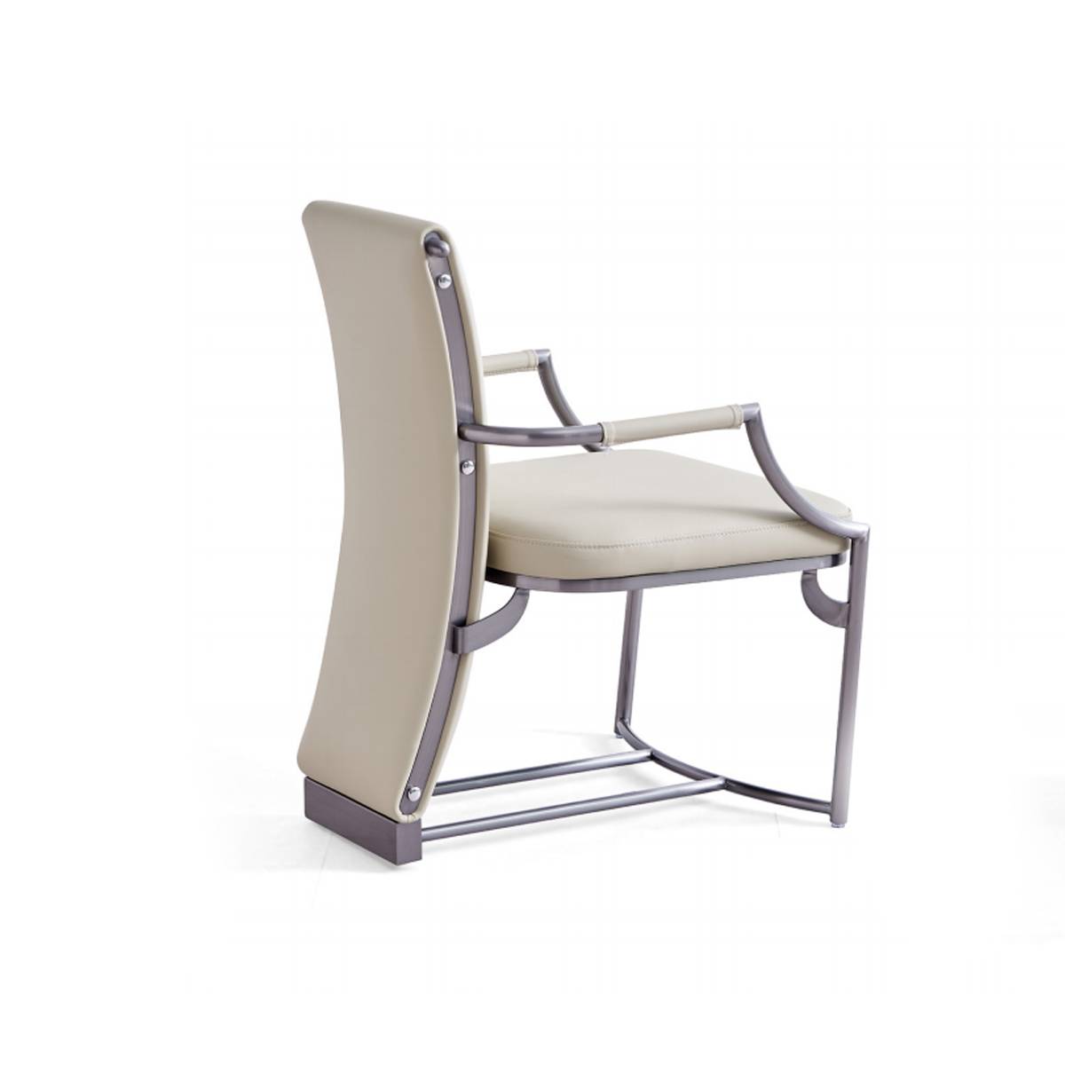 Rear side view of the beige modern dining chair showing the curved backrest and metal frame structure