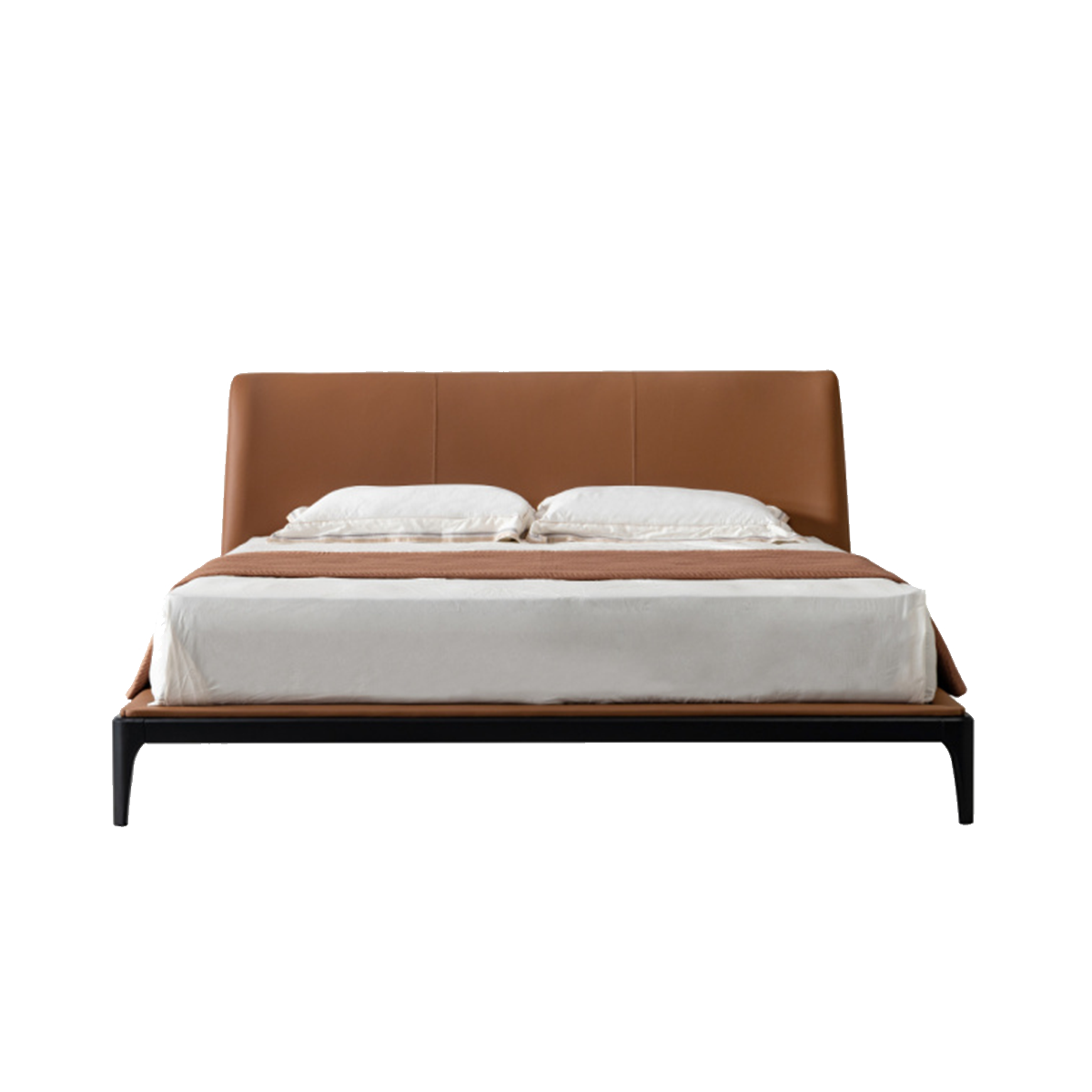 Front view of the brown leather bed with white bedding