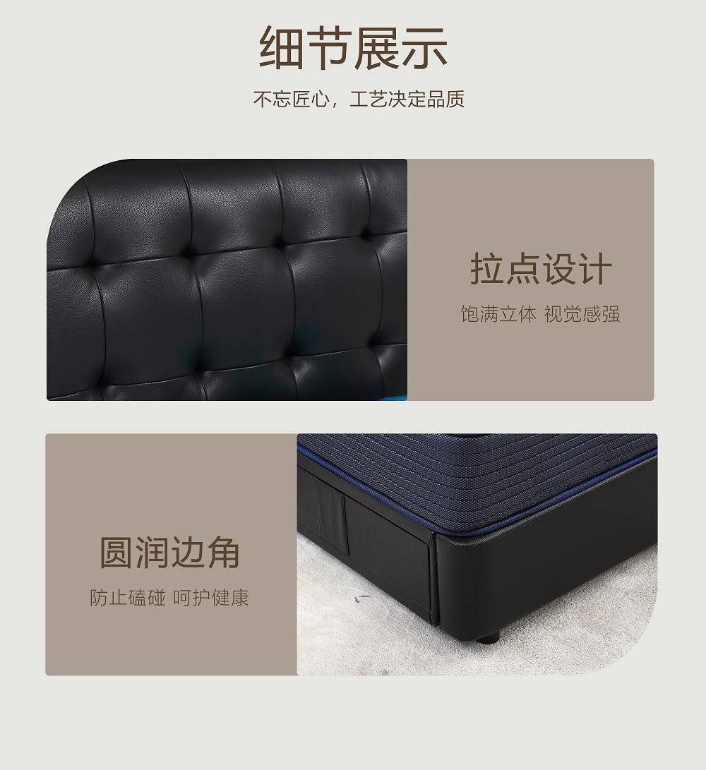 Detail shots of the tufted headboard design and rounded corners.