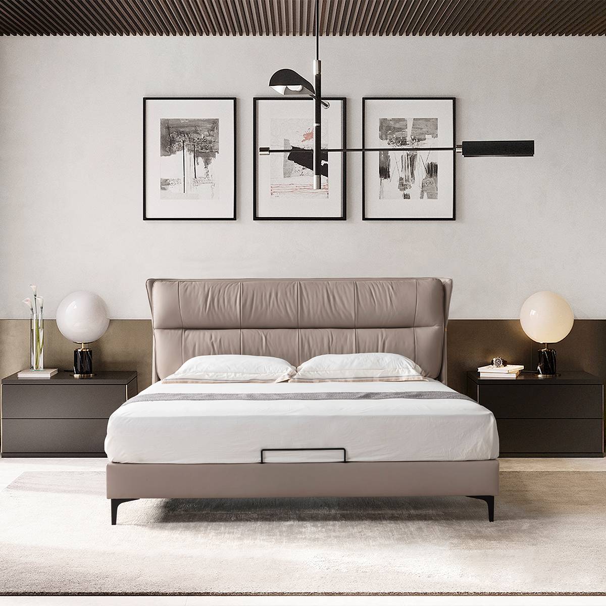 Bedroom setting showing the bed with matching nightstands and wall art
