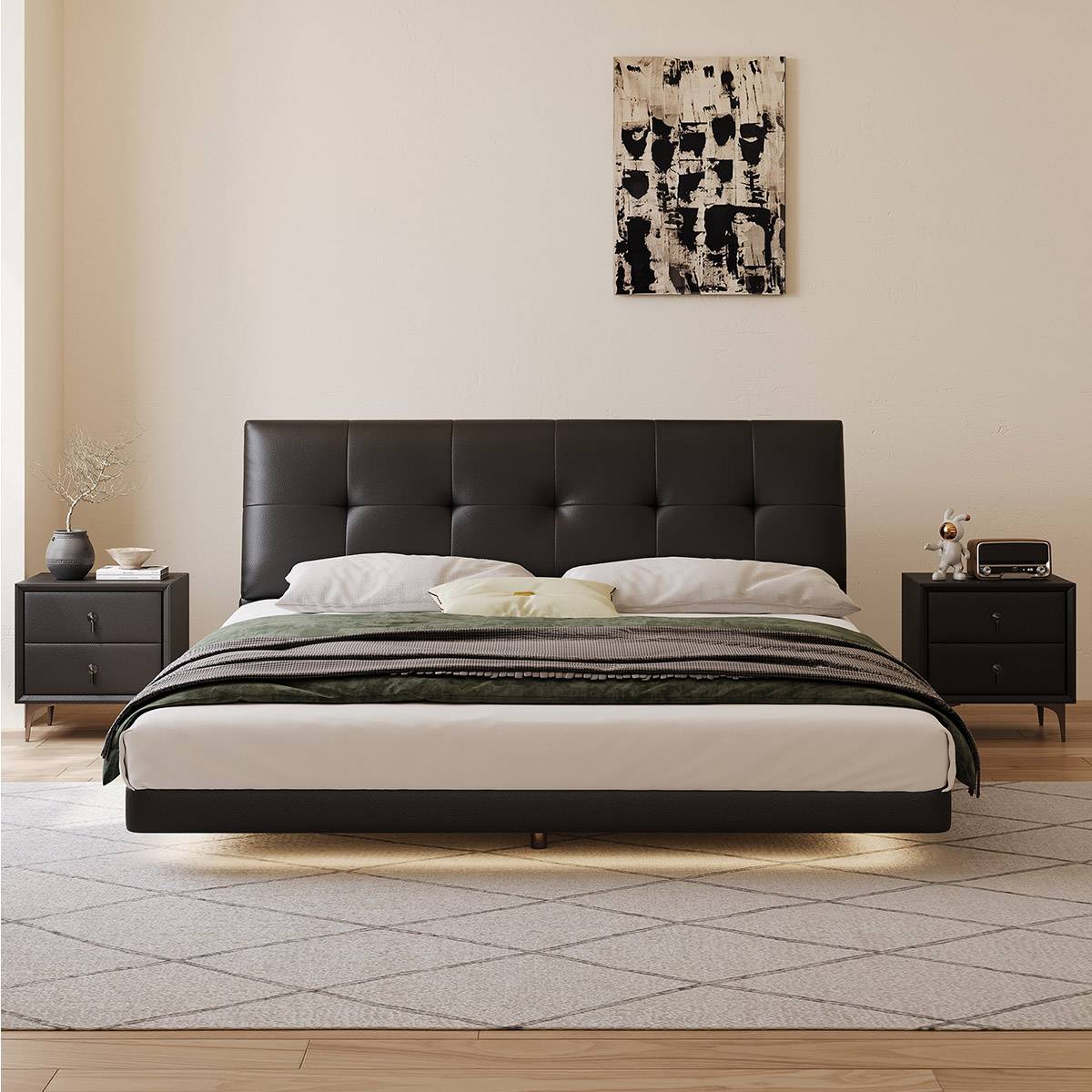 Front view of the floating bed showing the tufted headboard and bedding.