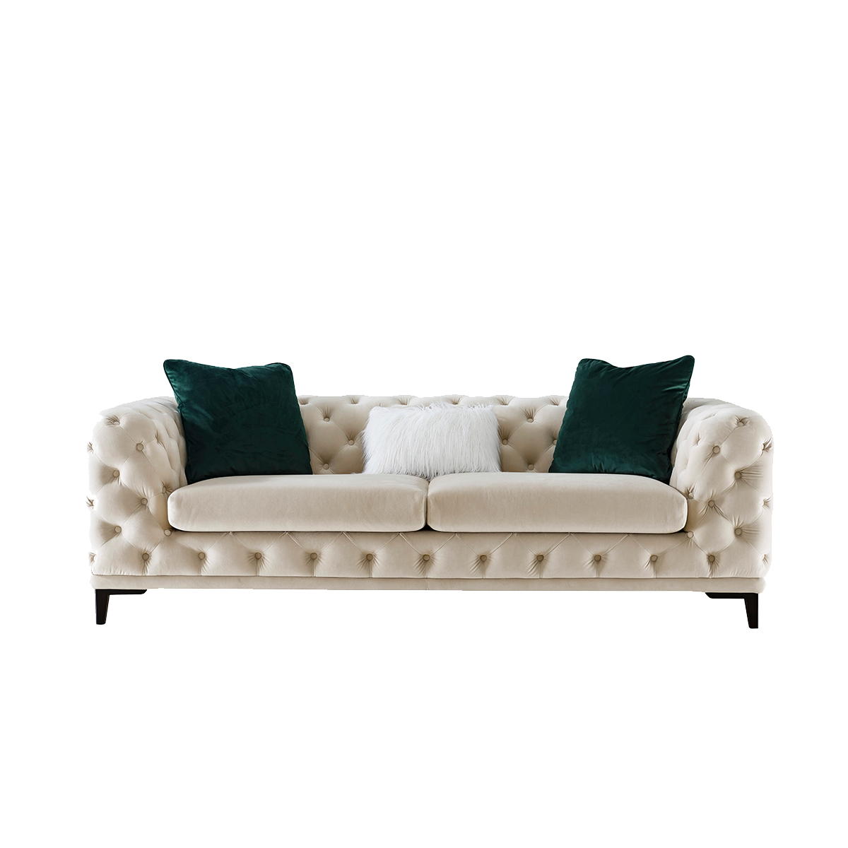 Cream tufted sofa with green and white pillows, front view
