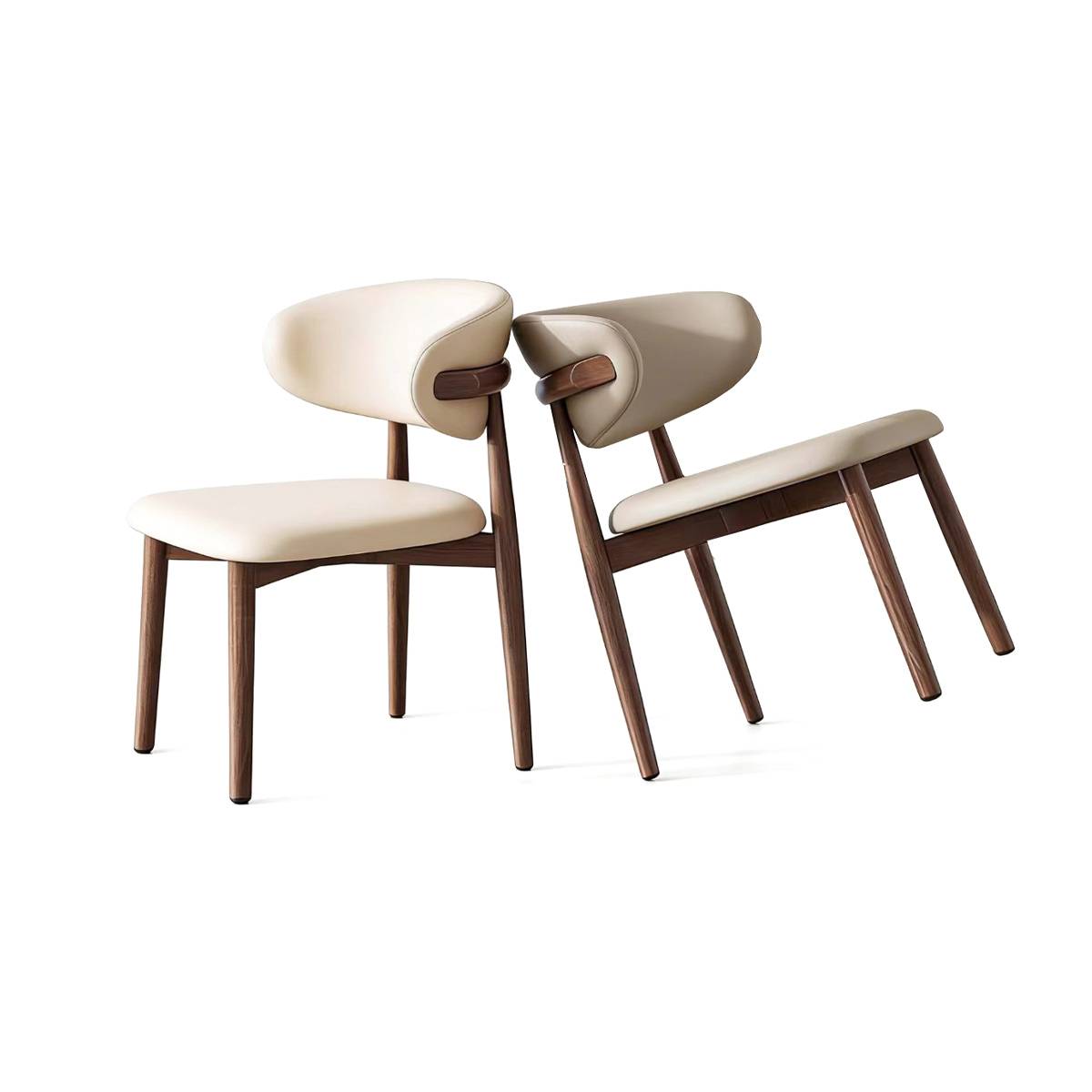 Two dining chairs with walnut frames and cream upholstery