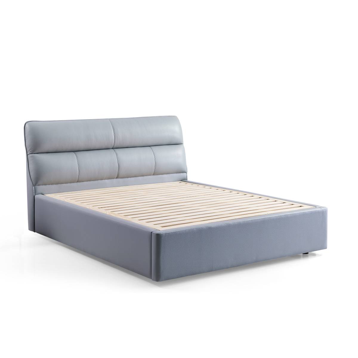 Side view of the grey leather bed frame with wooden slats