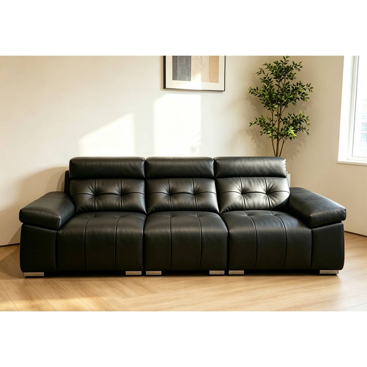 Direct front view of the black eco-leather straight sofa