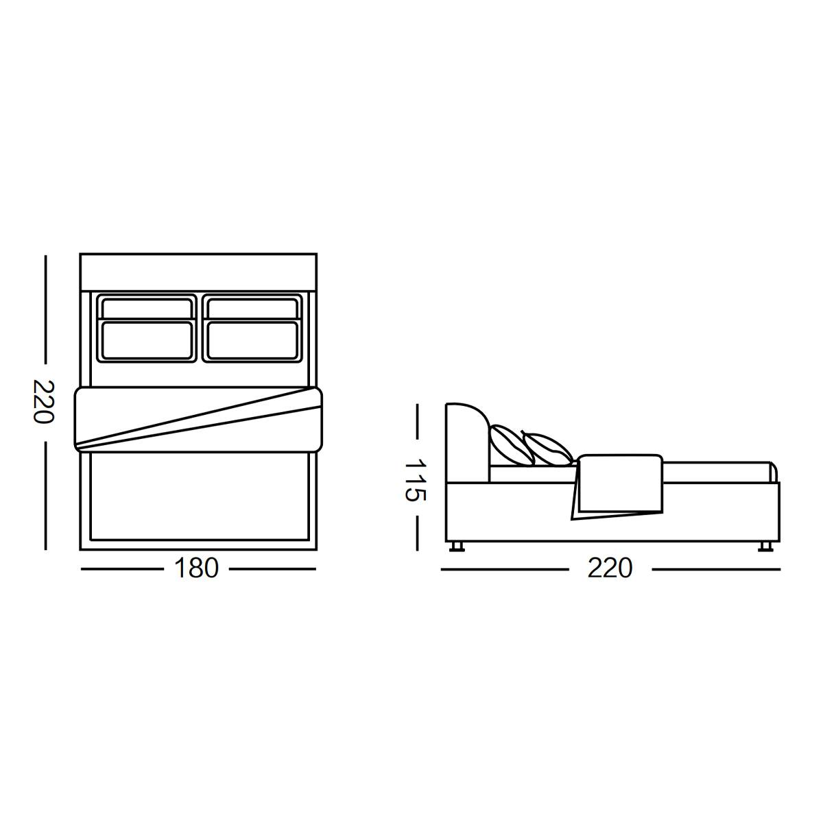 Technical line drawing showing top and side views of the Shark bed with dimensions 220x180x115