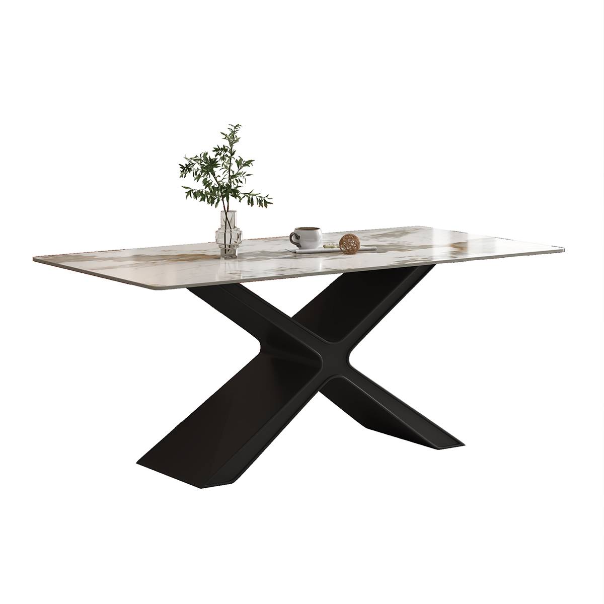 Front view of the dining table showing the marble pattern top and black metal base