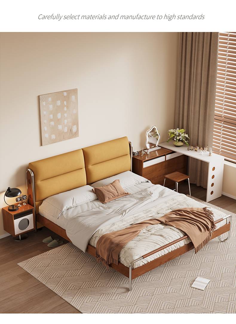 Bauhaus style bed with cream white upholstered headboard and wooden frame