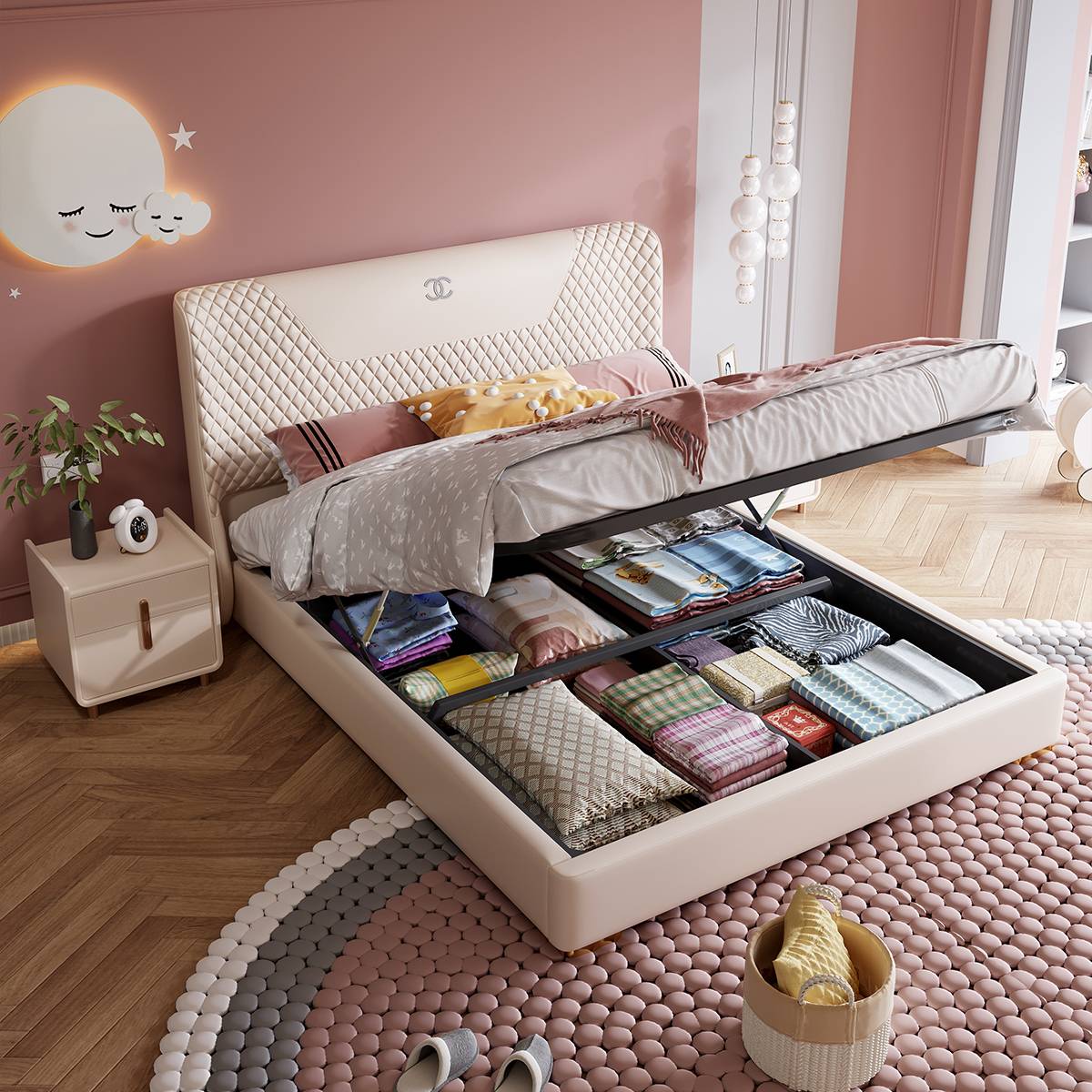 The bed with the mattress lifted to reveal the internal storage space filled with linens.