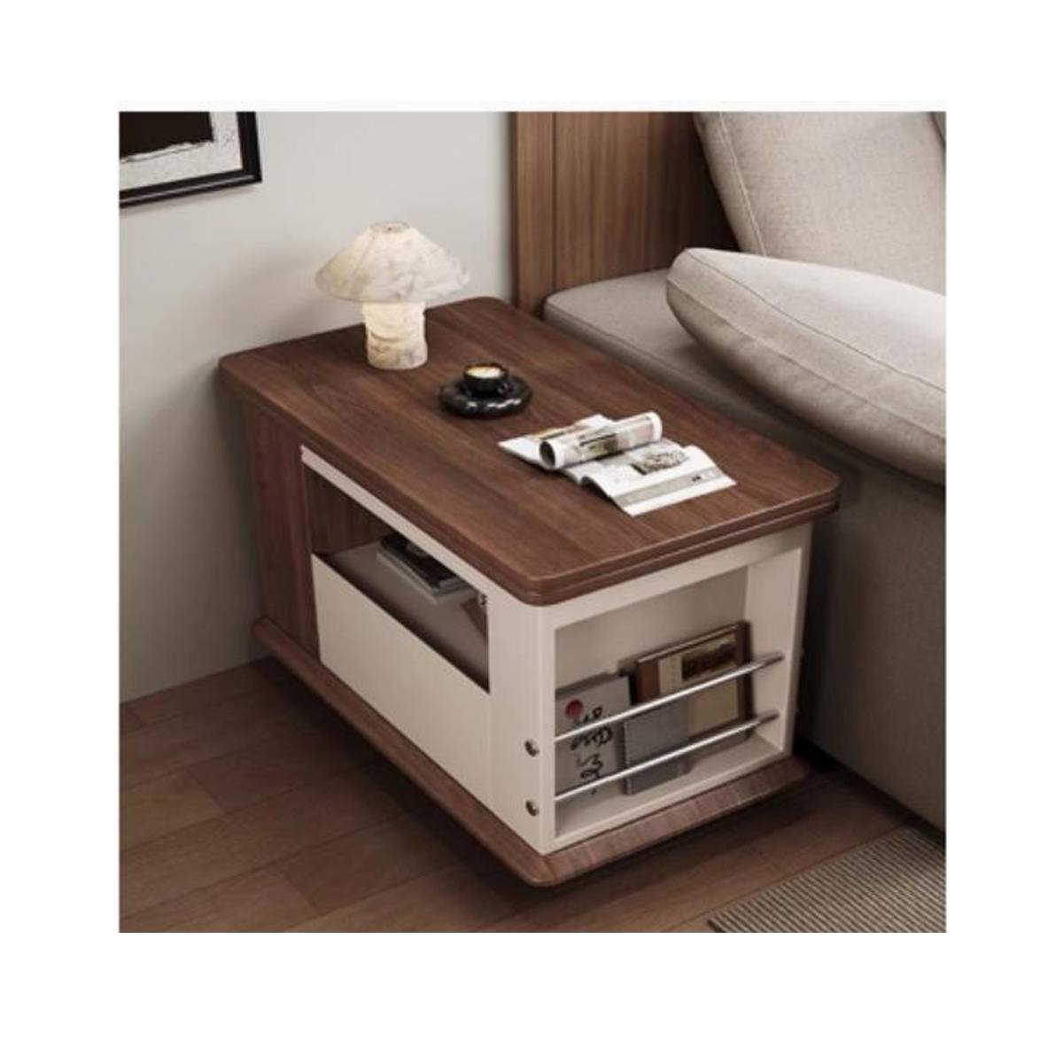 Walnut and white mobile side cabinet placed next to a sofa