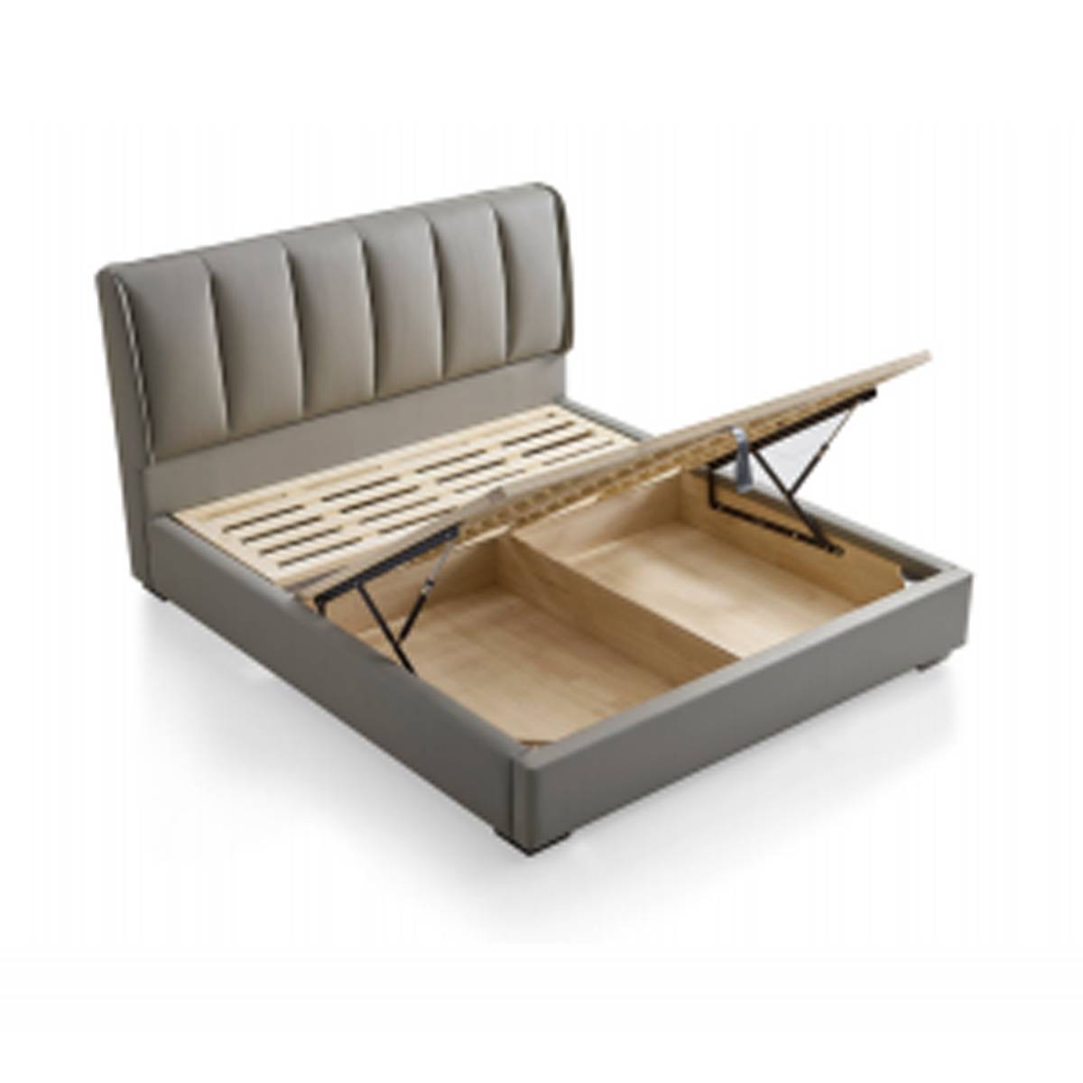Bed frame with the high-box storage lid lifted to reveal the internal storage space
