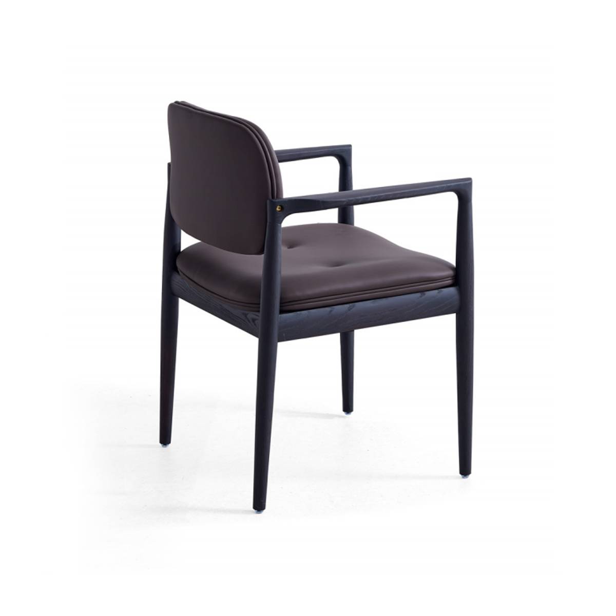 Side view of brown leather and ash wood dining chair