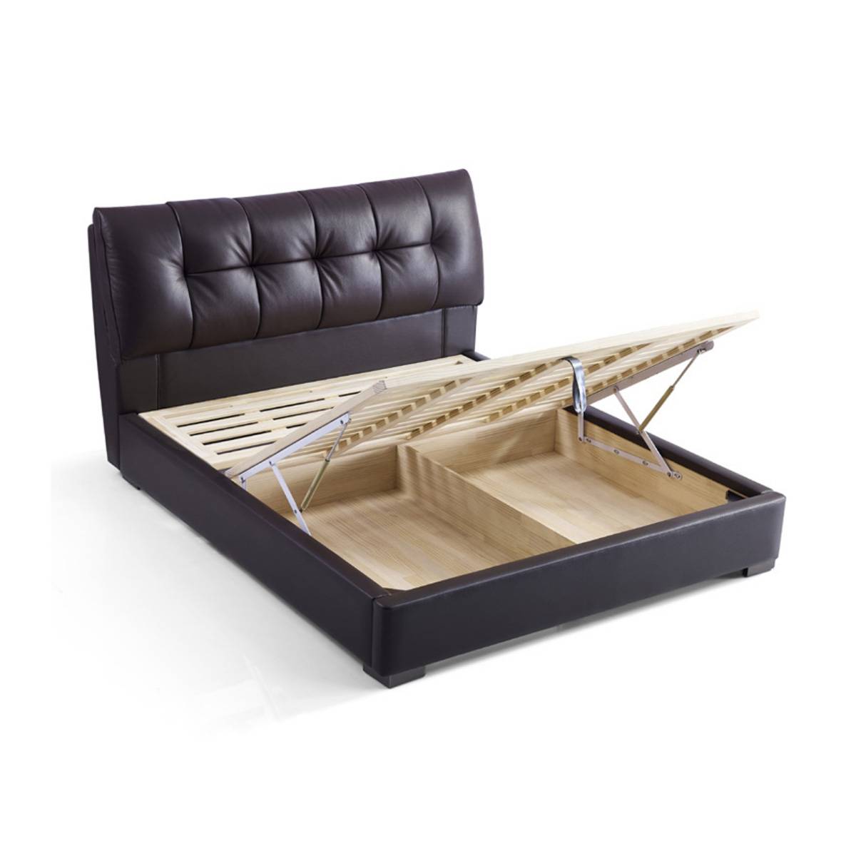 Side view of the bed with the high-box storage lid lifted open