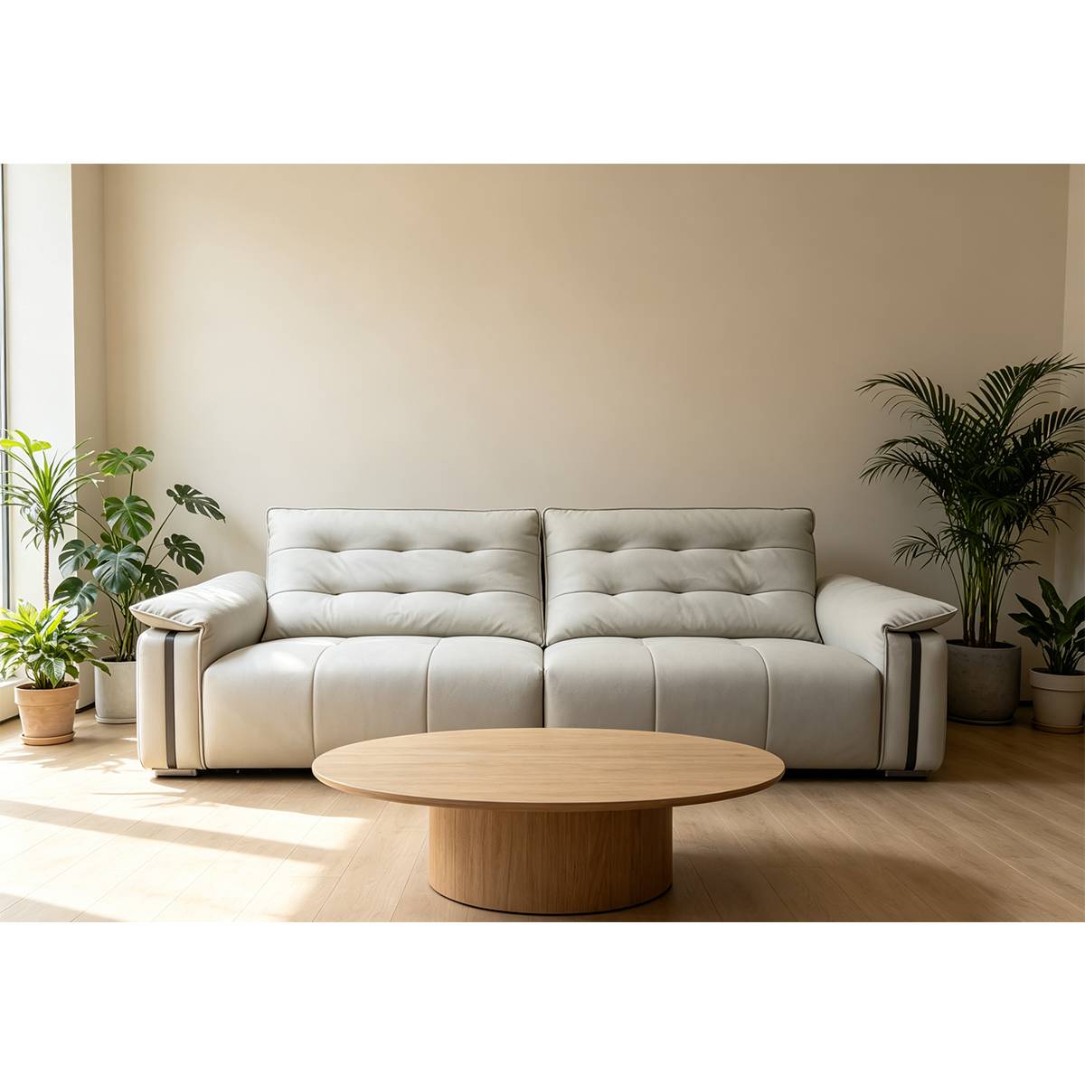 Front view of the straight sofa with a round wooden coffee table