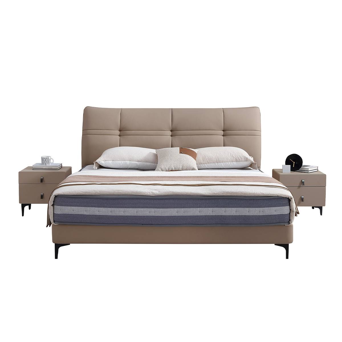 Front view of a beige leather upholstered bed with a tufted headboard and black legs