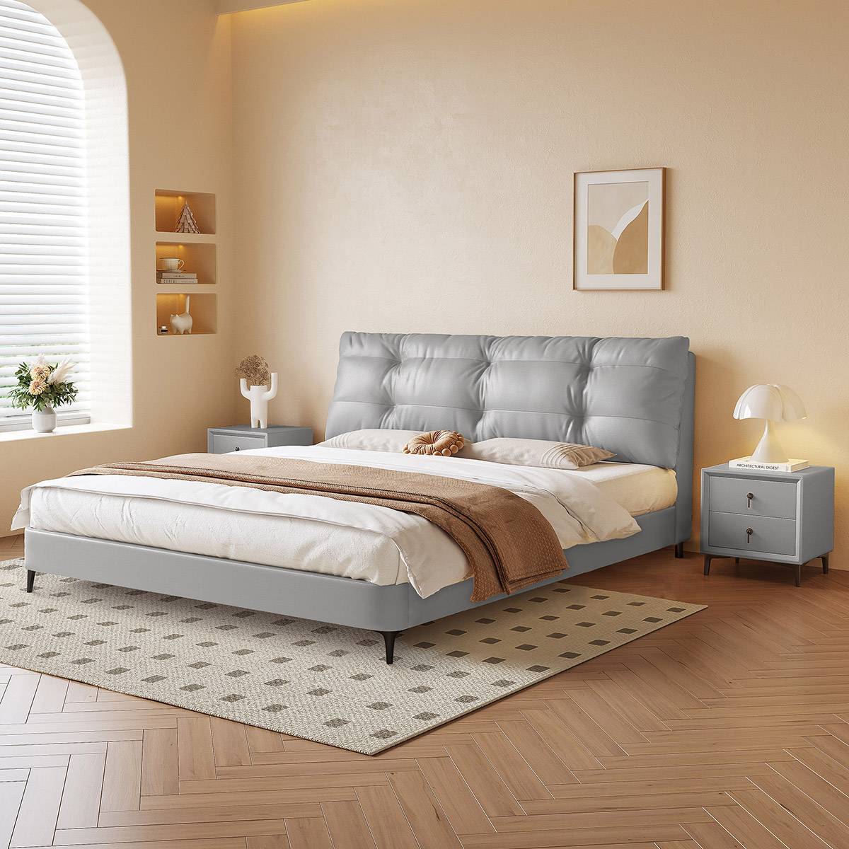 Light blue eco-leather tufted bed in a modern bedroom setting