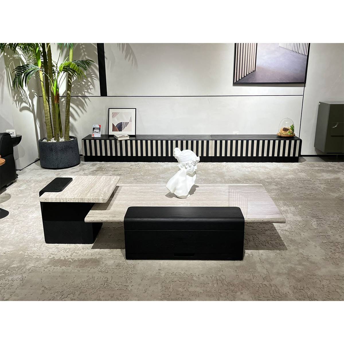 TD448 TV console displayed in a modern living room setting with a coffee table and decor