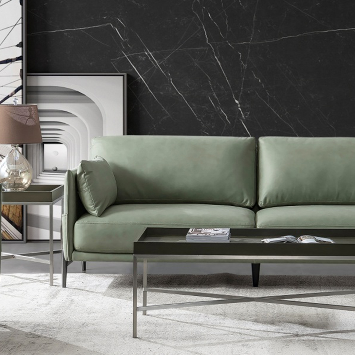 High angle view of the sofa and coffee table