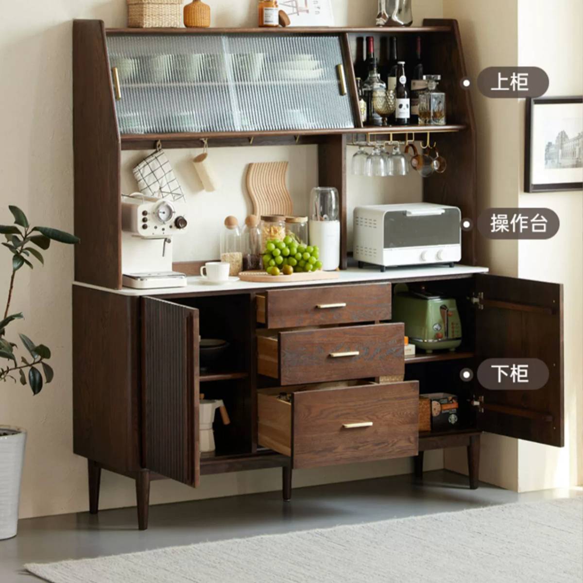 Dark wood Santa Rosa sideboard with open drawers and upper hutch