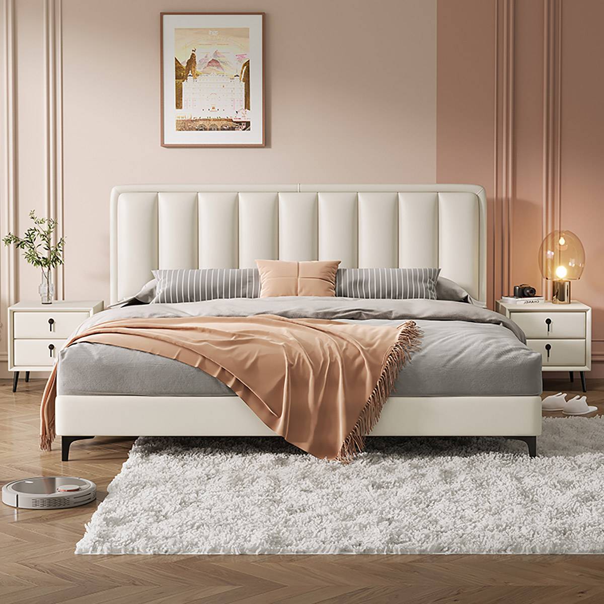 Straight front view of the bed with matching bedside tables and lamp