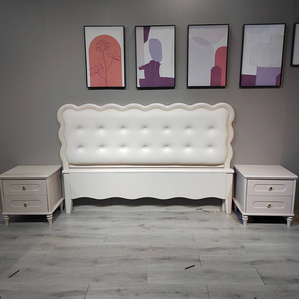 Cherry wood frame mid-century bed with cream tufted headboard